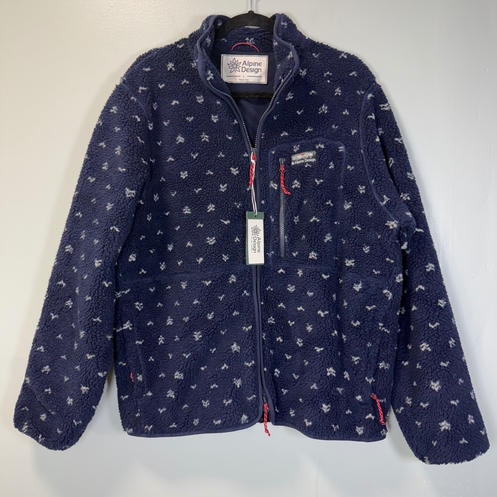 Alpine Design Mens Sherpa Full Zip Fleece Jacket Deep Navy Birds Eye Large NWT